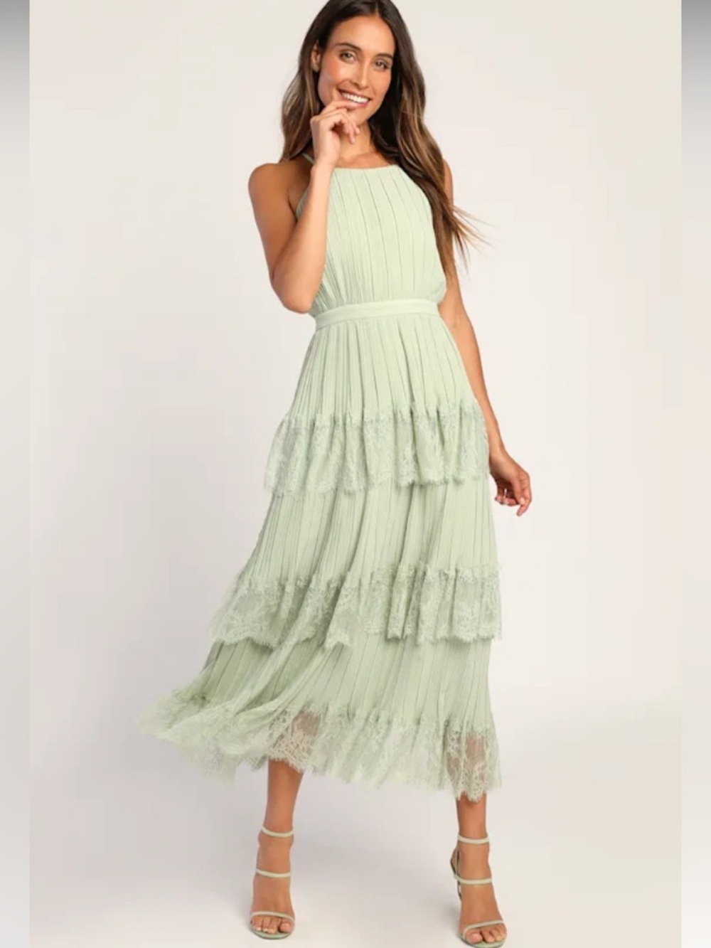 Lulus | Came for Cocktails Sage Green Pleated Tiered Lace Maxi Dress